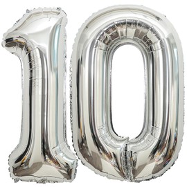 10 Number Balloons Silver 10 Balloons Number 40 Inch Number 10 Foil Mylar Balloons for 10 Birthday Party 10 Anniversary Events Decorations