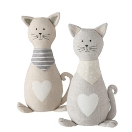 Cat Door Stops, Set of 2, Grey and White Woven Fabric, Black Embroidery Cotton, Linen, Polyester, & Filling, Weighted Prop, 12.5 Inches, 2.75 lbs. (Not a Toy)