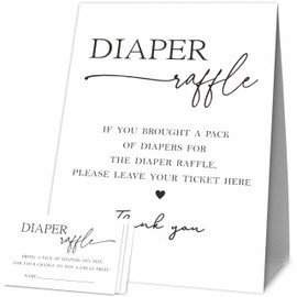 Baby Shower Games, 1 Diaper Raffle Standing Sign with 50 Diaper Raffle Tickets, Pure white Theme Baby shower Party Decorations and Supplies For Boys or Girls(LBLK-D01)