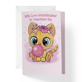 1Up Greetings Valentines Day Cards for Granddaughter, Grandchild, or Kid with Envelope - Cute Pink Kitty Cat Cartoon Valentine Card | 5”x7.5” | (Single Card)