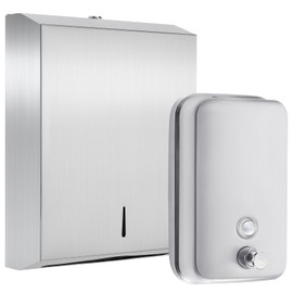 Kritkin 2 Pcs Commercial Soap Dispenser and Paper Towel Dispenser Set with Lock-Stainless Steel,Wall Mount,Large Capacity Manual Liquid Pump Rust Proof Leak Free for Home Bathroom (1000 ml,Style 1)