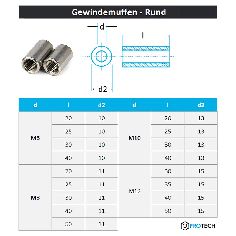 PROTECH Threaded Sleeves M8 x 30 (D=11) Round, A2 Stainless
