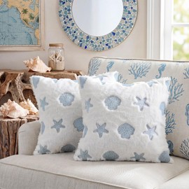 Irenare 2 Pcs Seashell Throw Pillow Covers 18x18 Embroidered Scallop Starfish Coastal Decor Pillowcase Plush Beach Cushion Cover Summer Beach Theme Decor for Wedding Party Couch Sofa Bedroom