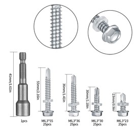 101 Pcs Stainless Steel Self Drilling Hex Head Screws, Metal Sheet Tek Screws Assortment Kit Set with Drill Point and Gasket, Roofing Screws with Hex Socket - M6.3*(23mm/30mm/36mm/55mm)