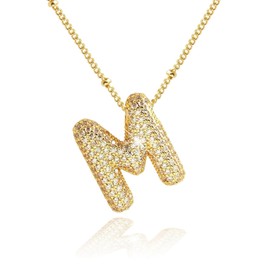 Hermosa Gold Plated Initial Pendant Necklace with Sparkling Zirconia, 17 Inch Adjustable Chain (2 Inches Extension), Elegant Letter Charm Jewelry (M- Golden)
