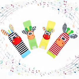 Vicloon Baby Rattle Socks Wrist Strap Rattles Set, 4pcs Foot Finders & Wrist Rattles for Infants, Baby Rattle Toy Animal Wrist Rattle Soft Bell Strap Development Toy Gift for 0-6 Month Babies Boy Girl