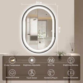 AXOTEXE Black Frame Oval LED Mirror for Bathroom 36x24 Inch Oval Mirror with LED Lights Black Framed Lighted Vanity Mirror with Lights Anti-Fog 3 Color Dimmable(Horizontal/Vertical)