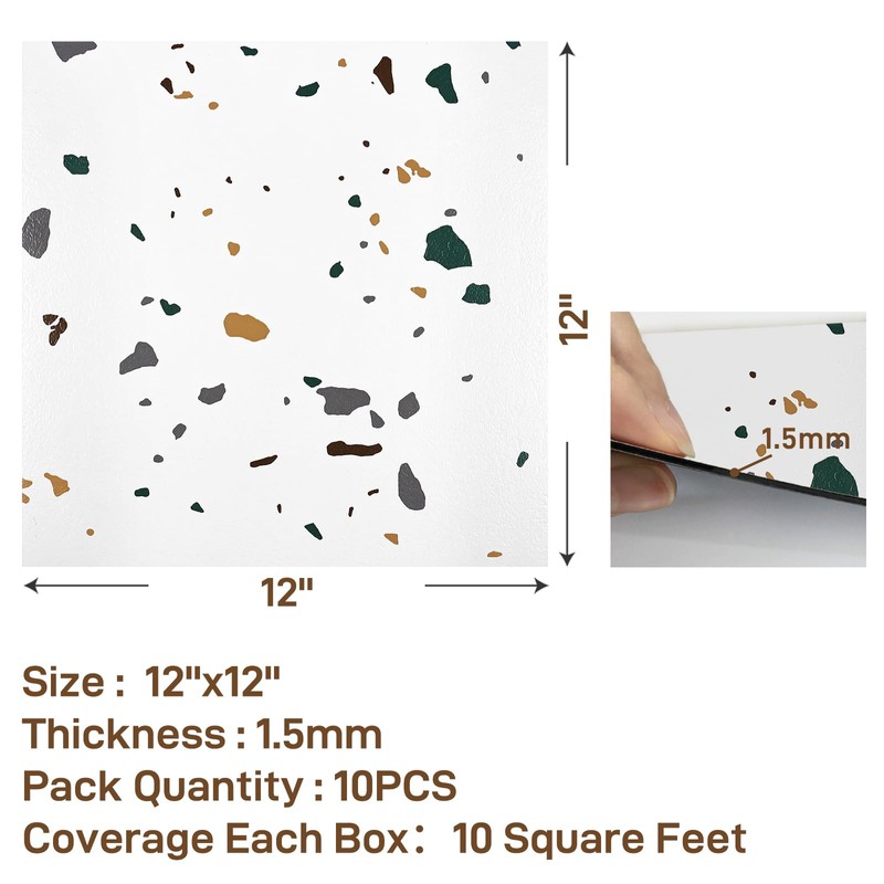 VaryPaper 12"x12" 10 Pack White Terrazzo Peel and Stick Floor