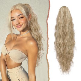 Sofeiyan Curly Ponytail Extension, 26 inch Long Wave Drawstring Blonde Hair Ponytail Extension Synthetic Pony Tail Hairpiece for Women, Ash Blonde Mixed Bleach Blonde