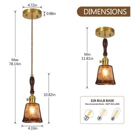 Amber Glass Vintage Pendant Light Height Adjustable Handmade Glass Pendant Lights Kitchen Island Gold Hanging Light Fixture with Wood Handle for Bedroom Dining Room Hotel (2Pack)