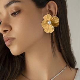 Gold Statement Flower Earrings,Chunky Punk Flower Bunch Dangle Earrings Ginkgo Biloba Leaf Tassel Earrings Large Metal Flower Drop Earrings Bohemian Layered Petal Floral Earrings Jewelry for Women (C)