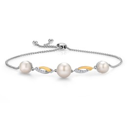 Gem Stone King 925 Sterling Silver and 10K Yellow Gold Cultured Freshwater Pearl and White Lab Grown Diamond Tennis Bracelet for Women (Round 6-7.5MM Pearls, Adjustable Up to 9.25 Inch)