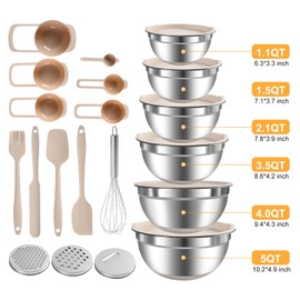Mixing Bowls with Airtight Lids Set, 20 PCS Kitchen Gadgets Set, 6 Stainless Steel Bowls,3 Grater Attachments,Non-Slip Silicone Bottoms,Great for Serving&Baking,Size 5, 4, 3.5, 2.1, 1.5, 1.1QT (Khaki)