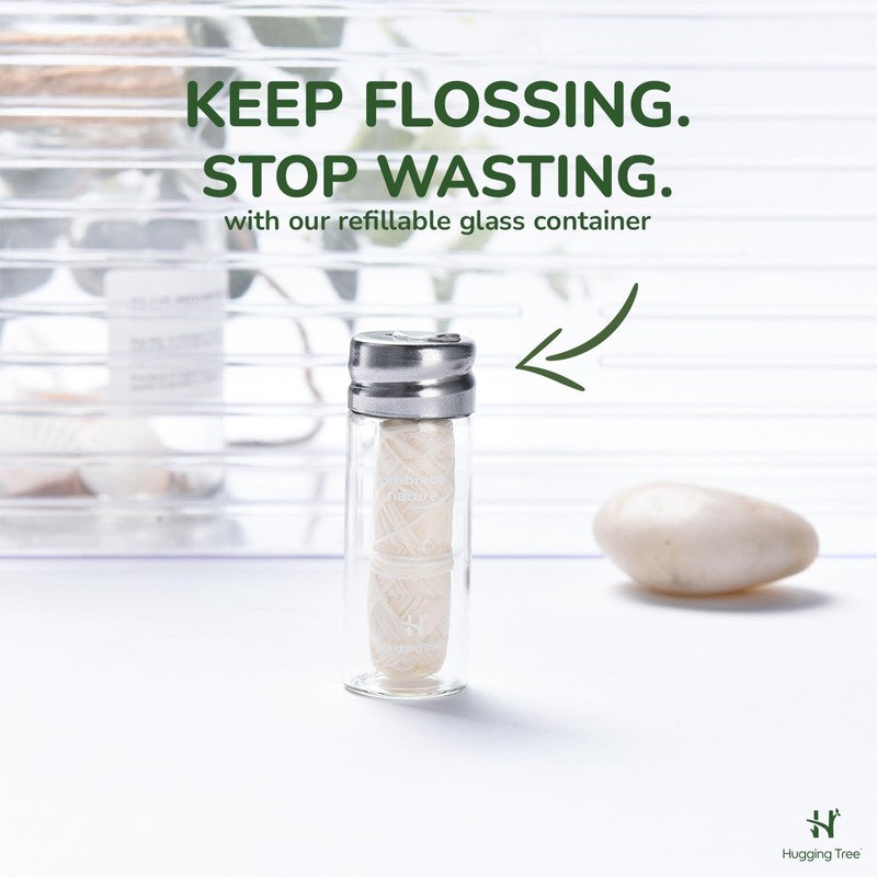 HUGGING TREE Natural Silk Dental Floss with Glass Dispenser |