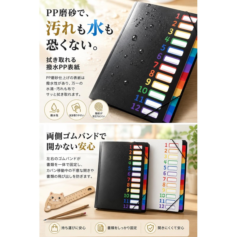 【大量の書類をまとめて収納】 fogman ドキュメントファイル A4 12インデックス 24ポケット 防水 薄型 ブラック (ブラック)