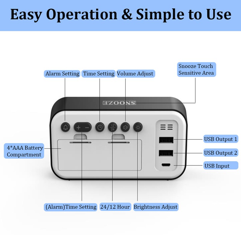 Digital Alarm Clock with USB Port for Charging Adjustable Brightness