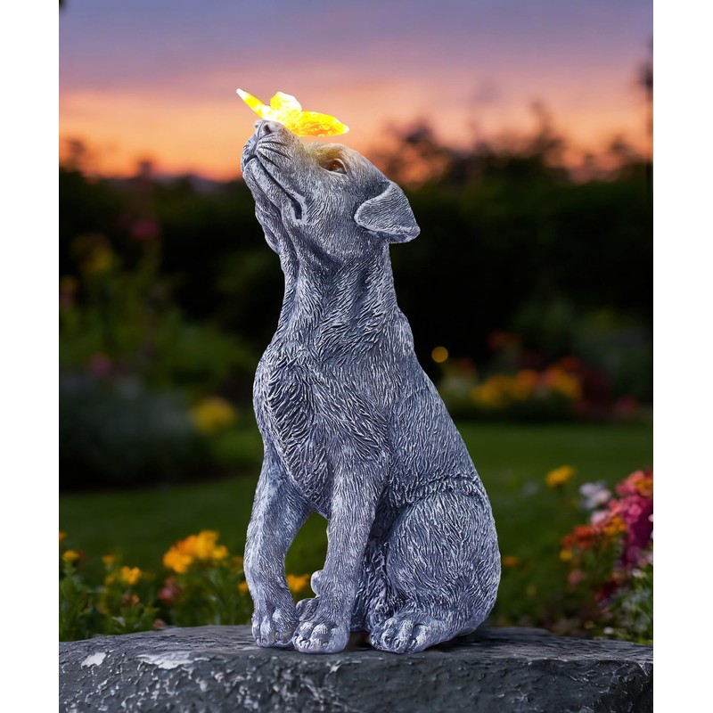 Yeomoo Solar Dog Figure with Butterfly Decoration for Outdoors, Garden