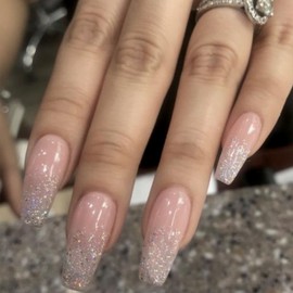 Kamize Medium Fake Nails Sequins Nude Press on Nails Full Cover Acrylic Shiny False Nails for Women 24PCS