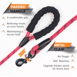 Glorypet Rope Dog Leash 5 ft, Heavy Duty, Reflective, Tangle-Free Rope with Comfortable Padded Handle, Ideal for Small Medium Large Breed Dogs, Perfect for Walking, Running & Training (1/2" Pink)