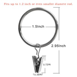 AMZSEVEN 40 Pack Metal Curtain Rings with Clips, Drapery Clips Hooks, Decorative Curtain Rod Clips 1.5 in Interior Diameter, Silver