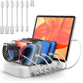 Charging Station for Multiple Devices, Fast PD 90W 6-Port Charger with 3X PD 20W USB C Charging Port, White