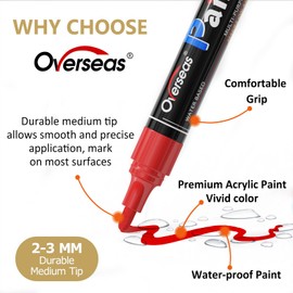 Overseas Red Paint Pens Paint Markers - Permanent Acrylic Markers 2 Pack, Water Based, Quick Dry, Waterproof Marker Pen for Rock, Wood, Plastic, Metal, Canvas, Glass, Fabric, Mugs. Medium Tip