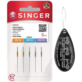 Singer Stretch Ball Point 2045 Sewing Machine Needles, Packet of 5, Assorted Sizes 80/12, 90/14 & 100/16, Includes Large Needle Threader