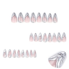 SARATA French Tips Press on Nails Stiletto Long Fake Nails 3D Silver Chrome Design Gel False Nails Full Cover Stick on Nails Reusable Artificial Acrylic Nails Kit for Women Girls DIY Manicure 24Pcs