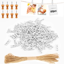 Hengxinc 168PCS Mini Wooden Pegs, 2.5CM Natural Small Pegs, Wedding Photo Pegs, Mini Pegs for Polaroid Photos with 10M Jute String, DIY Small Wooden Pegs for Photo Party Anniversary (White)