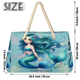 ModaQua Mermaid Lovely Blue Beach Bags Waterproof Sandproof for Women, Large with Zipper Pool Beach Tote Reusable Grocery Shoulder Bag for Swim Travel Shopping Vacation Picnic