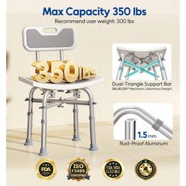 Bluelog Shower Chair with Back for Elderly and Disabled, Shower Seat Bench Stool, Adjustable Height, 350 lbs Capacity, FSA/HSA Eligible, Rectangular