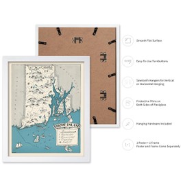 Poster Master Vintage Rhode Island Map Print - Retro State Map Art - Gift for Teacher, Student, Travel Lover - Decor for Classroom, Office, Dorm, 11x14 White Framed