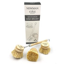 Wooden Dish Brush Natural Bristle Eco Cleaning Dish Brush Wood Handle for Washing Up Includes 2 x Replacement Head by Newman and Cole (1 x Dish Brush Set)