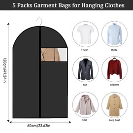 Pack of 5 Garment Bags, Garment Bags for Storage, 60 x 120 cm, Breathable Fabric Garment Bag, Suit with Clear Window, Black Zip, Garment Bag, for Dresses, Coats, Shirts, Evening Dresses