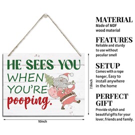 Funny Christmas Decor, Bathroom Decor, Rustic Hanging Wood Plaque Sign, Xmas Santa Signs, Farmhouse Bathroom Wall Art, Funny Xmas Decoration, He Sees You When You're Pooping Signs
