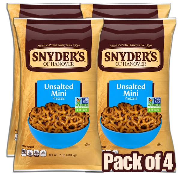 Snyder's of Hanover Mini Pretzels, Unsalted Pretzels, 12 Ounce Bag (Pack of 4)