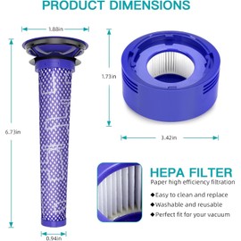 4 Pack Vacuum Filter Replacement Kit for V7, V8 Animal and V8 Absolute Cordless Vacuum, 2 Pre Filter, 2 Post Filter, Replaces Part # 965661-01 & 967478-01