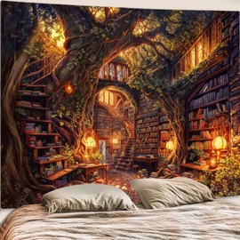 Accnicc Forest Library Tapestry Tree Bookshelf Tapestries Wall Hanging Vintage Fantasy Fairy Treehouse Book Large Tapestry for Bedroom Living Room Dorm Classroom 80 x 60 inch