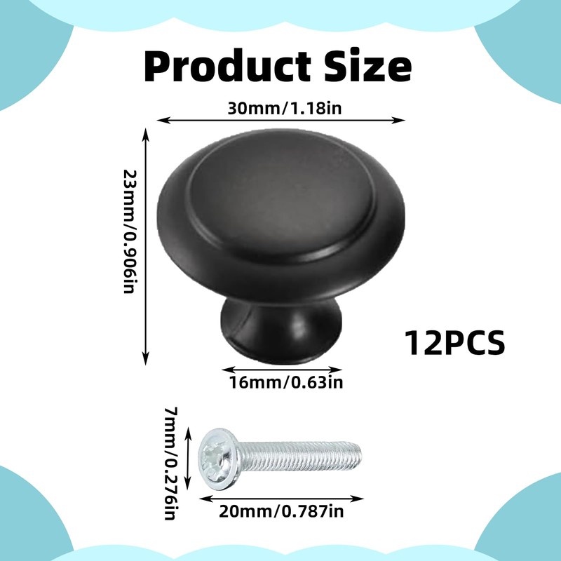 Nersgers Drawer Knobs 12 Pcs Black Door Knobs,30mm Retro Matte