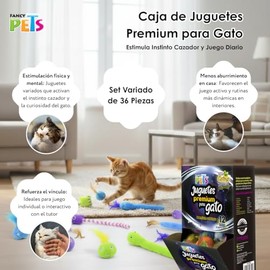 Fancy Pets Caja de Juguetes Premium para Gato Set Variado de 36 Piezas Estimula Instinto Cazador y Juego Diario