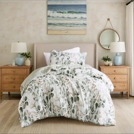 Regency Heights Lightweight Seersucker Botanical Comforter Set Twin Size, Reversible Design with Striped Print, Premium Microfiber Bedding Set, Comforter and Sham Set, Green