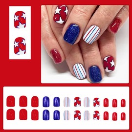 Independence Day Press on Nails Short Square Fake Nails Red Blue False Nails with Star Design Glue on Nails 4th of July Patriotic Stick on Nails Full Cover Acrylic Nails for Women Manicure 24Pcs
