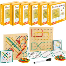 Jenaai 6 Set Wooden Geoboard with Rubber Bands Graphical Montessori Toys for 3+ Year Old Manipulative Material Array Block Geoboards Educational Toy with Pattern Cards Create Figures Shape STEM Puzzle
