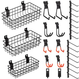 INCLY 27PCS Slatwall Accessories Kit, Includes 3 Pack Ventilated Metal Wire Slat Wall Baskets, Multisized Heavy Duty Slatwall Hooks and Storage Strap for Room Workshop Garage Organization