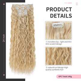 FLUFYMOOZ Clip In Hair Extensions,6PCS Hair Extensions Long Mermaid Waves Wavy Synthetic Clip On Hairpiece For Women 24 Inch (Blonde with Light Blonde)