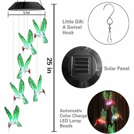 Solar Hummingbird Wind Chimes - Color Changing LED Lights, Outdoor, Weather Resistant - for Home, Garden, Decoration, Trees, Patio, Deck