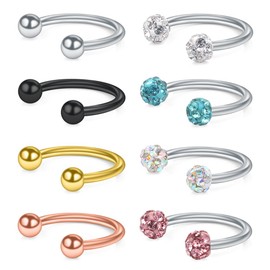 Ruifan 8PCS 20G Crystal Ferido & Shiny Ball Tiny Nose Septum Horseshoe Earring Eyebrow Lip Helix Tragus Cartilage Piercing Ring 8mm