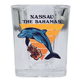 R and R Imports Nassau The Bahamas Beach Souvenir 2 oz Square Base Shot Glass Dolphin Design Single