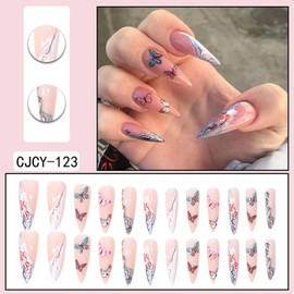 Press on Nails Pointed Almond Shaped Glossy Full Cover Acrylic Almond Medium Length French False Nails with Butterfly Designs Artificial Fake Nails Glue ons Nails Stick on Fingernails for Women Girls