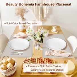 Rinpon Boho Tassel Cloth Placemats Set of 6, Linen Type Fabric Placemats Machine Washable Placemats Heat Resistant Placemats Wrinkle Free Thick Polyester Kitchen Place Mats for Dining Table(Beige)